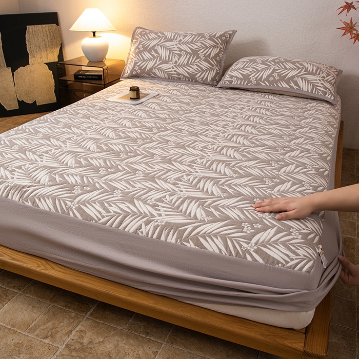 91家纺网 家纺一手货源 找家纺 萌飞 2025新款A类三层纱床笠 叶美-赤铜棕