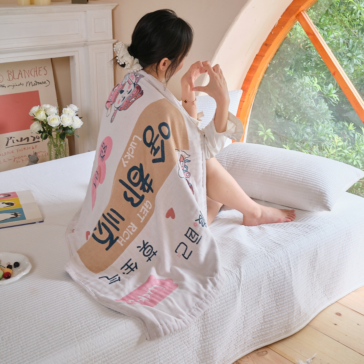 91家纺网 家纺一手货源 找家纺 沐瑟家纺 2025新款卡通A类全棉四层纱布浴巾加大毛巾-第三组 啥都顺 80*160cm