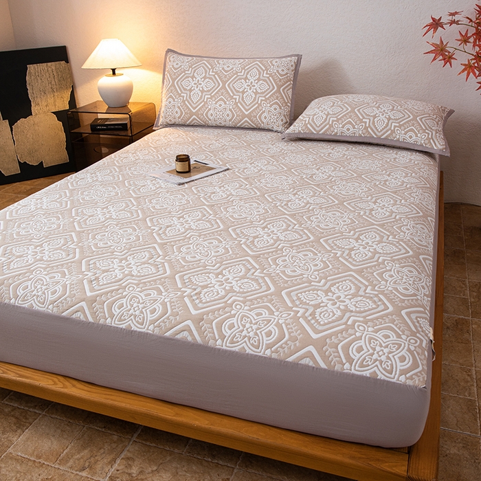 91家纺网 家纺一手货源 找家纺 萌飞 2025新款A类三层纱床笠 卡曼洛-深棕