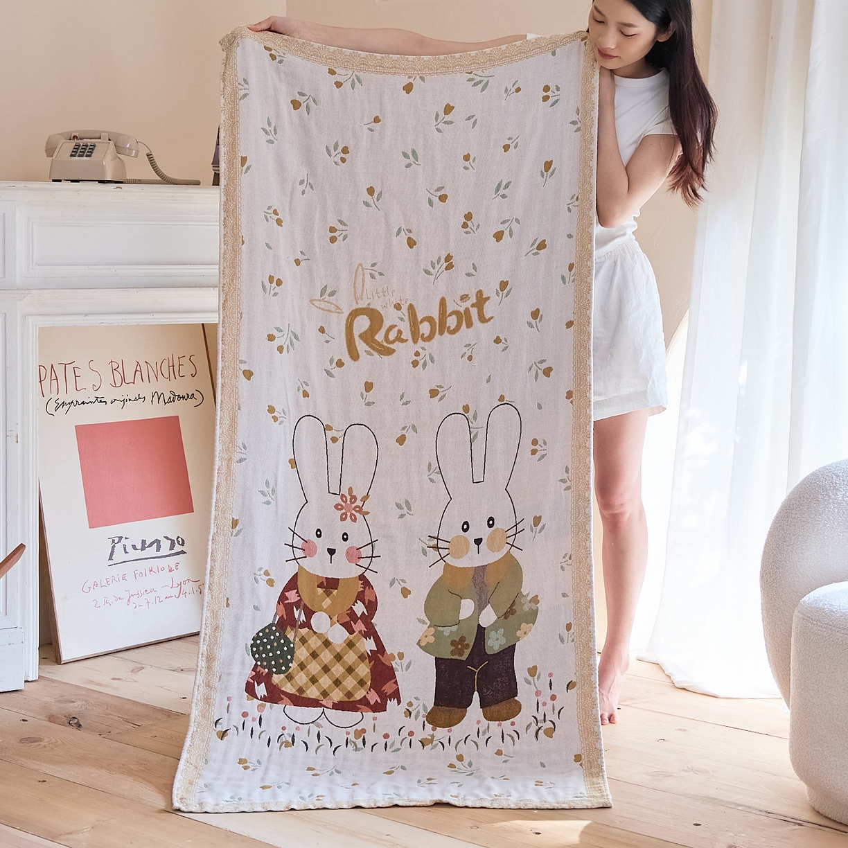 沐瑟家纺 2025新款卡通A类全棉四层纱布浴巾加大毛巾-第三组 情侣小兔 80*160cm