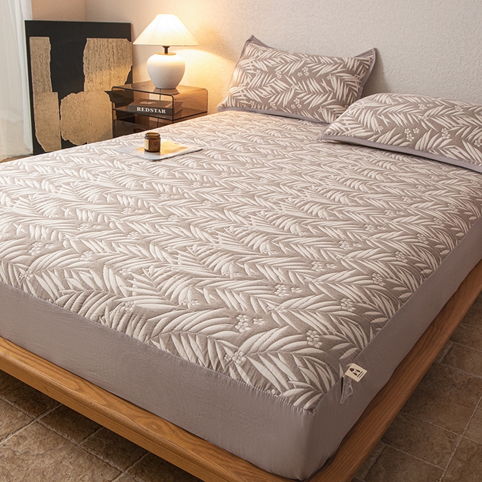 91家纺网 家纺一手货源 找家纺 萌飞 2025新款A类三层纱床笠 叶美-赤铜棕