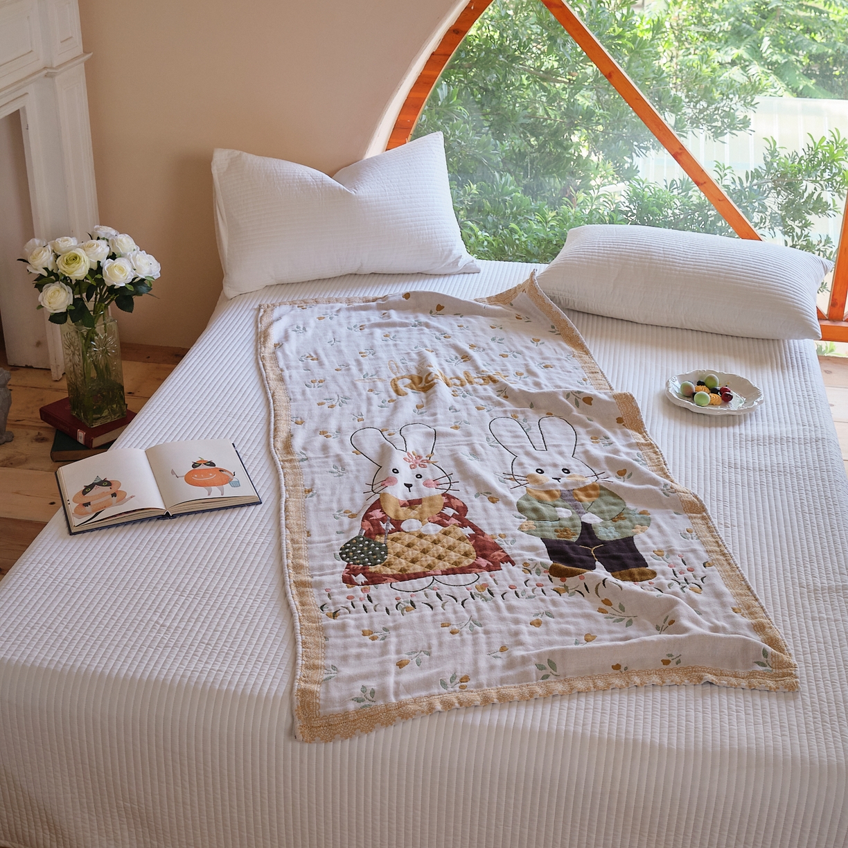 91家纺网 家纺一手货源 找家纺 沐瑟家纺 2025新款卡通A类全棉四层纱布浴巾加大毛巾-第三组 情侣小兔 80*160cm