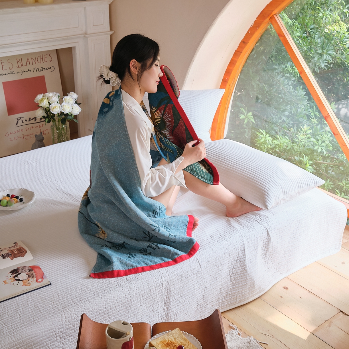 91家纺网 家纺一手货源 找家纺 沐瑟家纺 2025新款卡通A类全棉四层纱布浴巾加大毛巾-第三组 月薇 80*160cm