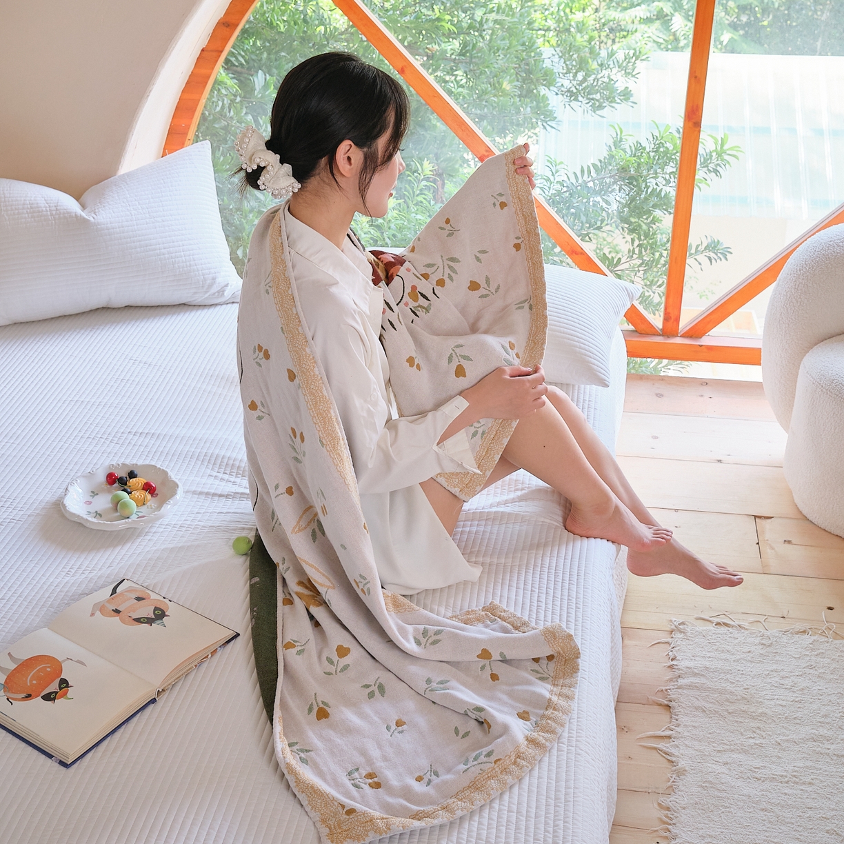 91家纺网 家纺一手货源 找家纺 沐瑟家纺 2025新款卡通A类全棉四层纱布浴巾加大毛巾-第三组 情侣小兔 80*160cm