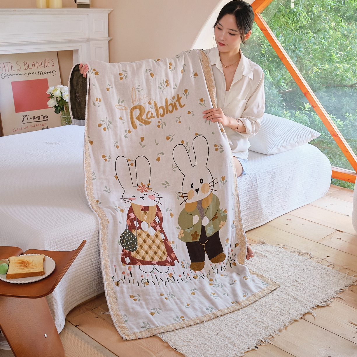 91家纺网 家纺一手货源 找家纺 沐瑟家纺 2025新款卡通A类全棉四层纱布浴巾加大毛巾-第三组 情侣小兔 80*160cm