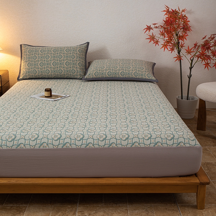 91家纺网 家纺一手货源 找家纺 萌飞 2025新款A类三层纱床笠 可丽之彩-亚丁绿