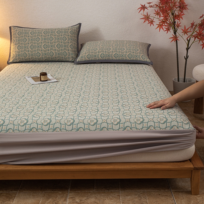 91家纺网 家纺一手货源 找家纺 萌飞 2025新款A类三层纱床笠 可丽之彩-亚丁绿