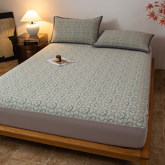 91家纺网 家纺一手货源 找家纺 萌飞 2025新款A类三层纱床笠 可丽之彩-亚丁绿