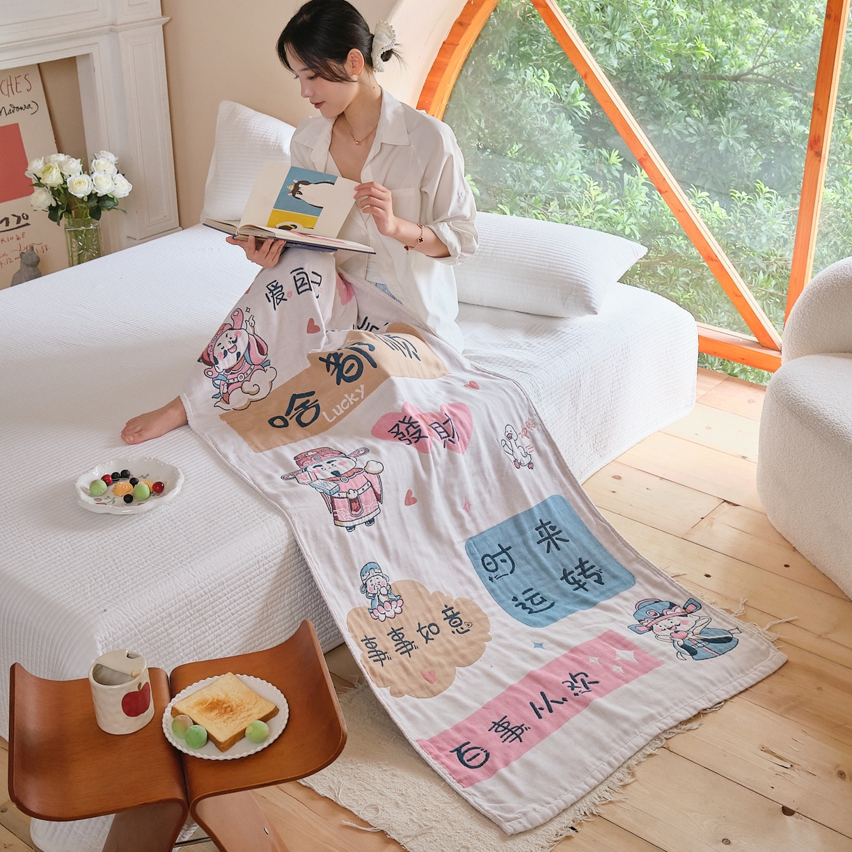 91家纺网 家纺一手货源 找家纺 沐瑟家纺 2025新款卡通A类全棉四层纱布浴巾加大毛巾-第三组 啥都顺 80*160cm