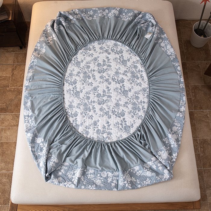 91家纺网 家纺一手货源 找家纺 萌飞 2025新款A类三层纱床笠 慕白-碟翅蓝