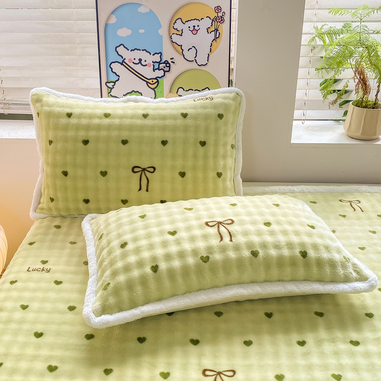 91家纺网 家纺一手货源 找家纺 眠势力 2025新款暖绒泡泡床单冬季保暖被单牛奶绒床单罩 爱心绿【暖绒泡泡床单】