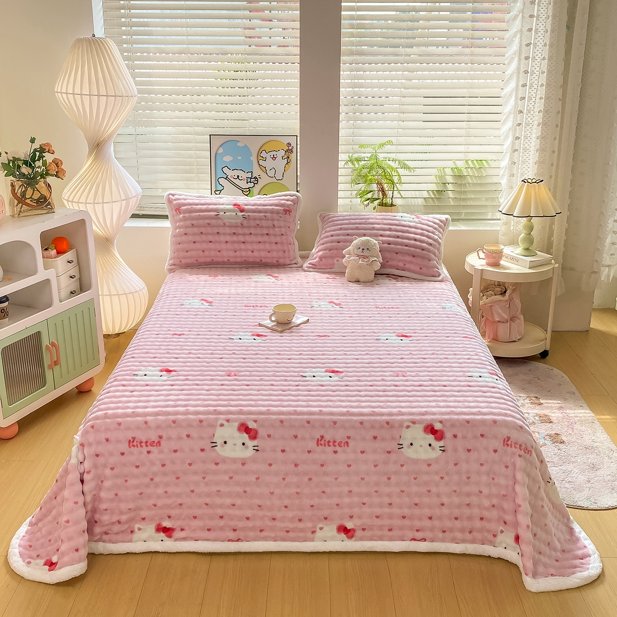 91家纺网 家纺一手货源 找家纺 眠势力 2025新款暖绒泡泡床单冬季保暖被单牛奶绒床单罩 爱心KT【暖绒泡泡床单】