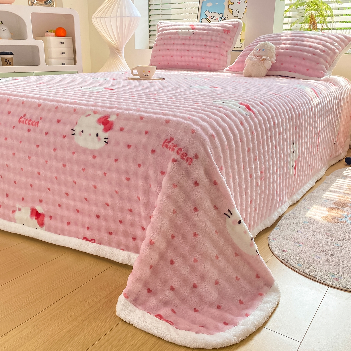 91家纺网 家纺一手货源 找家纺 眠势力 2025新款暖绒泡泡床单冬季保暖被单牛奶绒床单罩 爱心KT【暖绒泡泡床单】