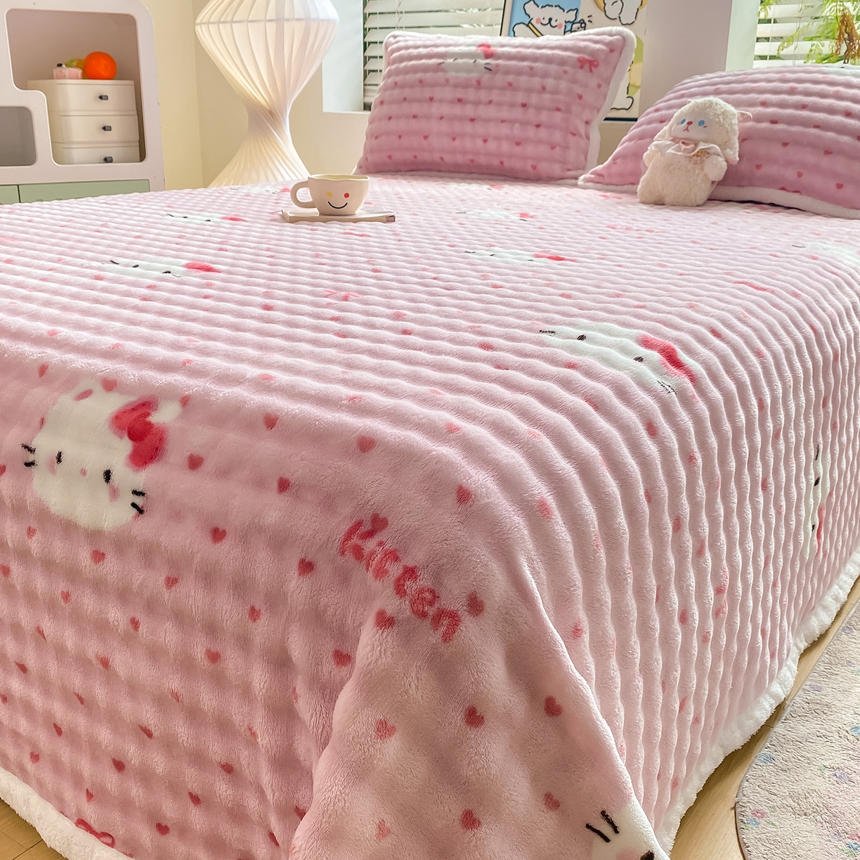 91家纺网 家纺一手货源 找家纺 眠势力 2025新款暖绒泡泡床单冬季保暖被单牛奶绒床单罩 爱心KT【暖绒泡泡床单】