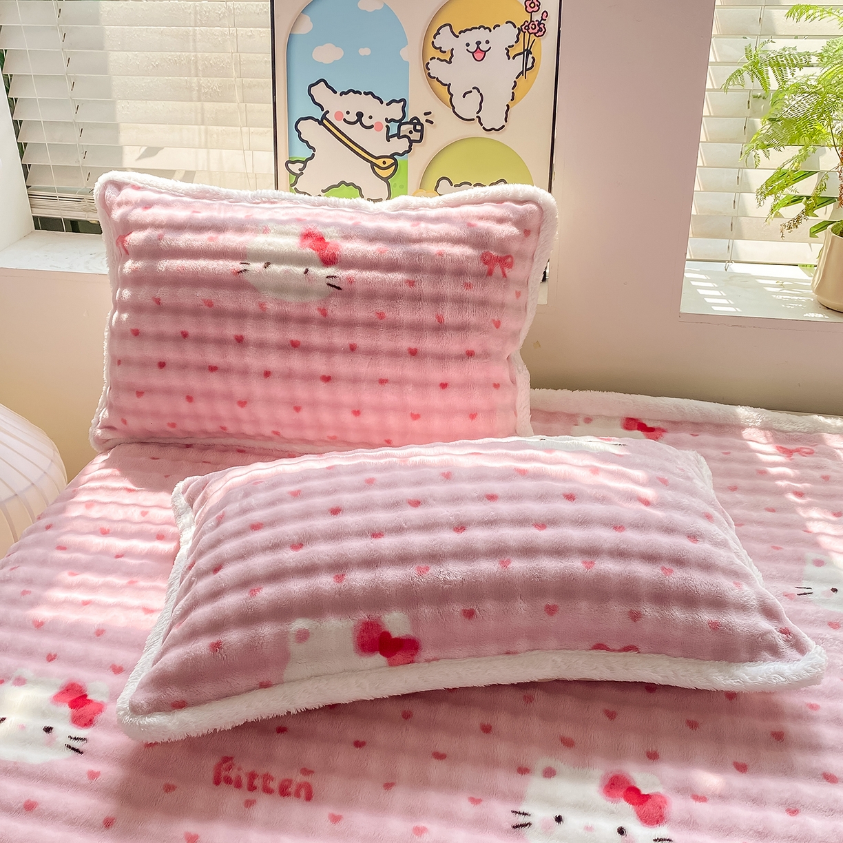 91家纺网 家纺一手货源 找家纺 眠势力 2025新款暖绒泡泡床单冬季保暖被单牛奶绒床单罩 爱心KT【暖绒泡泡床单】