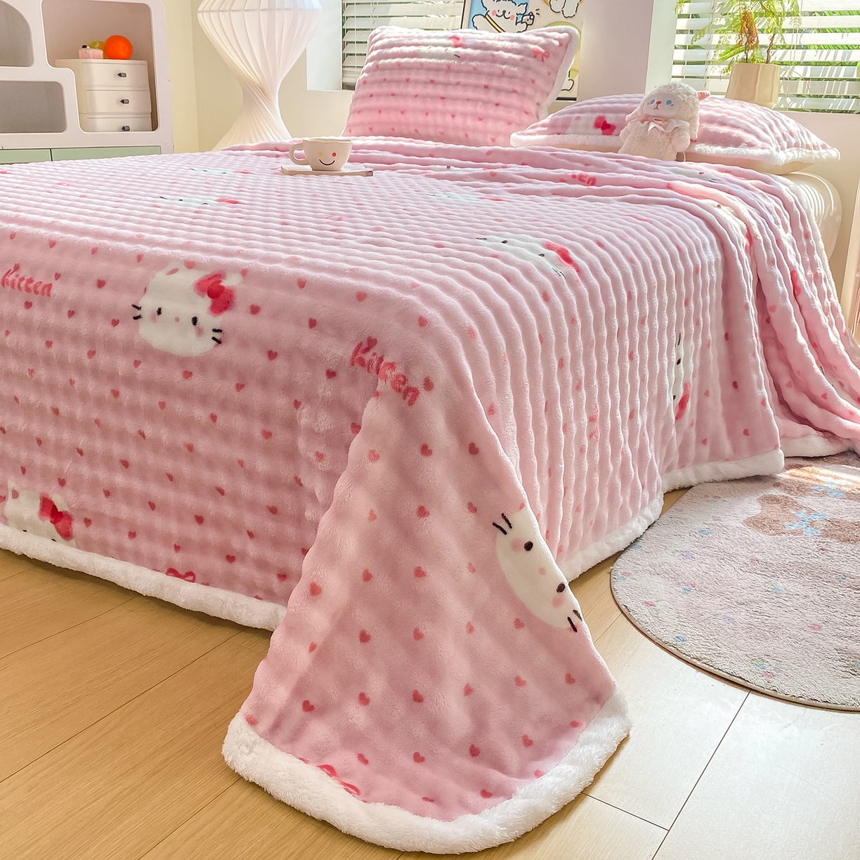 91家纺网 家纺一手货源 找家纺 眠势力 2025新款暖绒泡泡床单冬季保暖被单牛奶绒床单罩 爱心KT【暖绒泡泡床单】