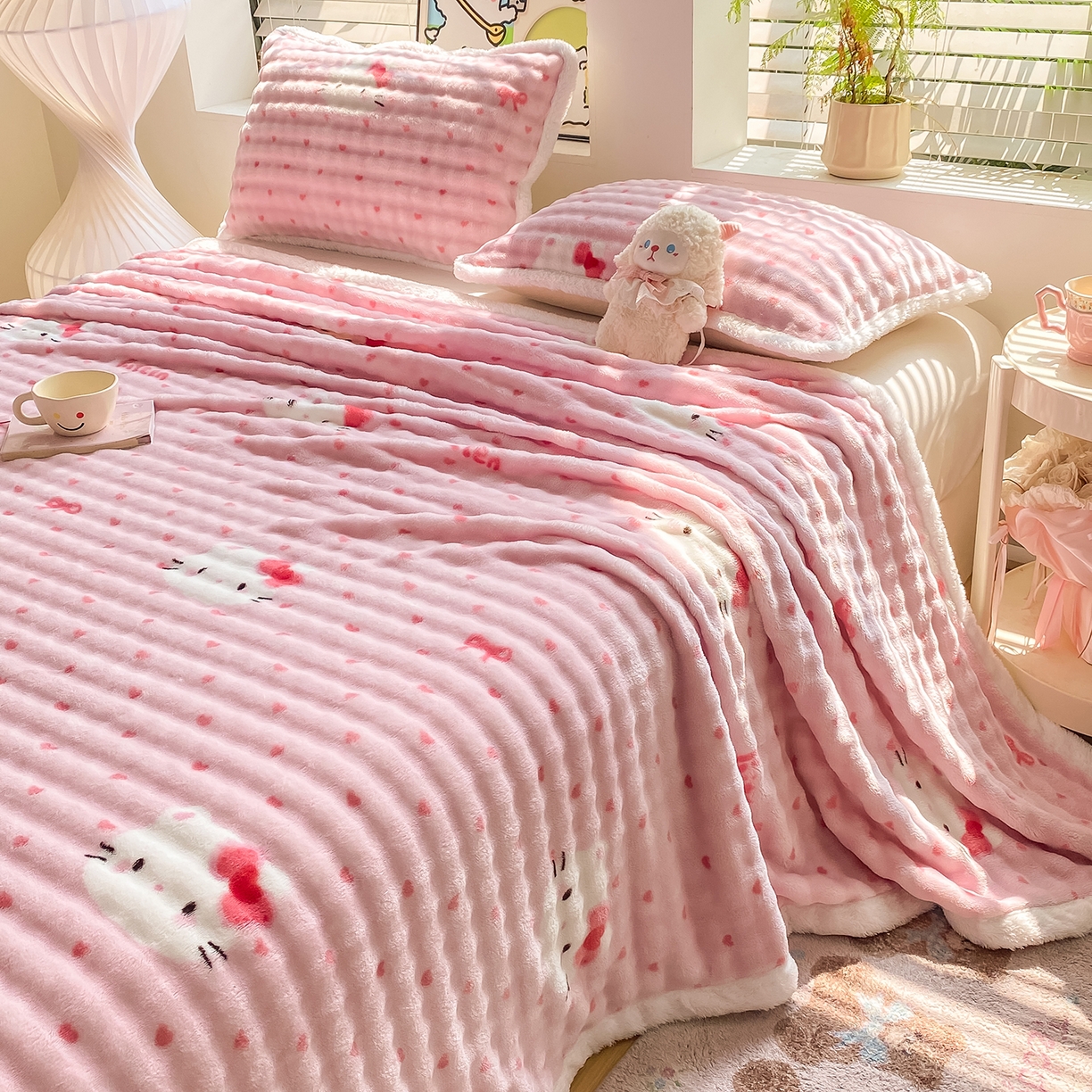 91家纺网 家纺一手货源 找家纺 眠势力 2025新款暖绒泡泡床单冬季保暖被单牛奶绒床单罩 爱心KT【暖绒泡泡床单】