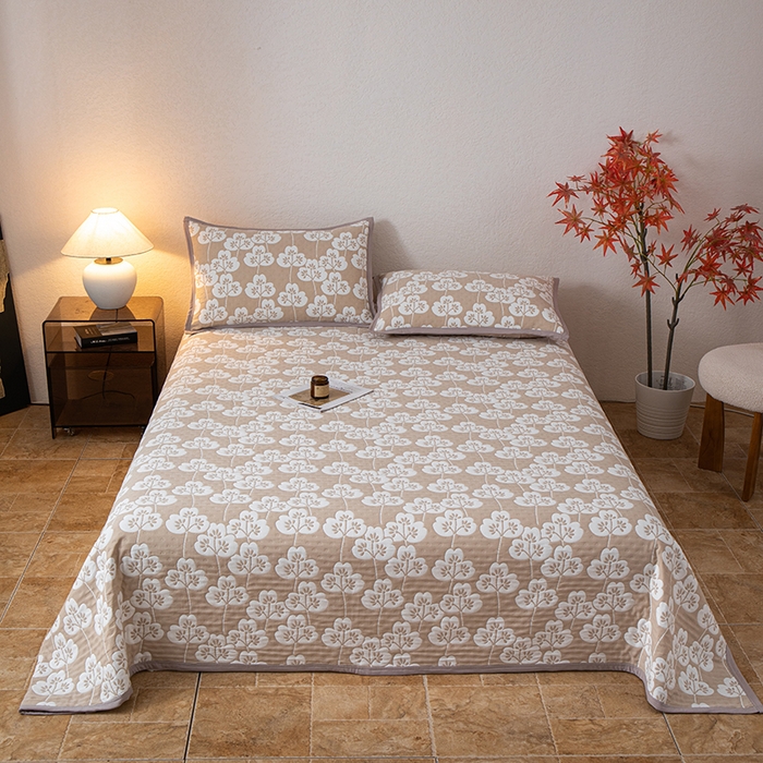 萌飞 2025新款A类三层纱纱布毛巾被床盖 叶趣-深棕