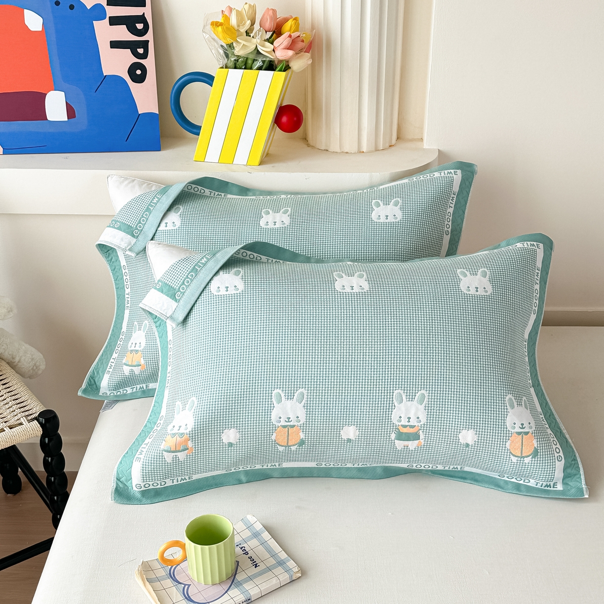 91家纺网 家纺一手货源 找家纺 （总）沐瑟家纺 2025新款亲肤柔软纱布小米格枕巾