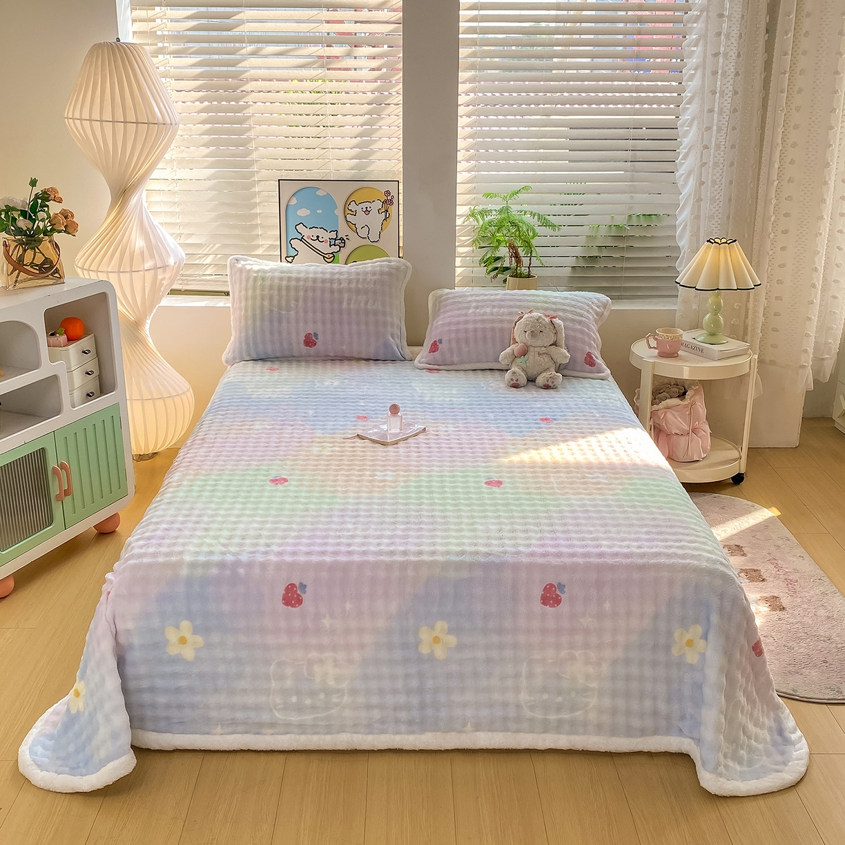 91家纺网 家纺一手货源 找家纺 眠势力 2025新款暖绒泡泡床单冬季保暖被单牛奶绒床单罩 草莓KT【暖绒泡泡床单】