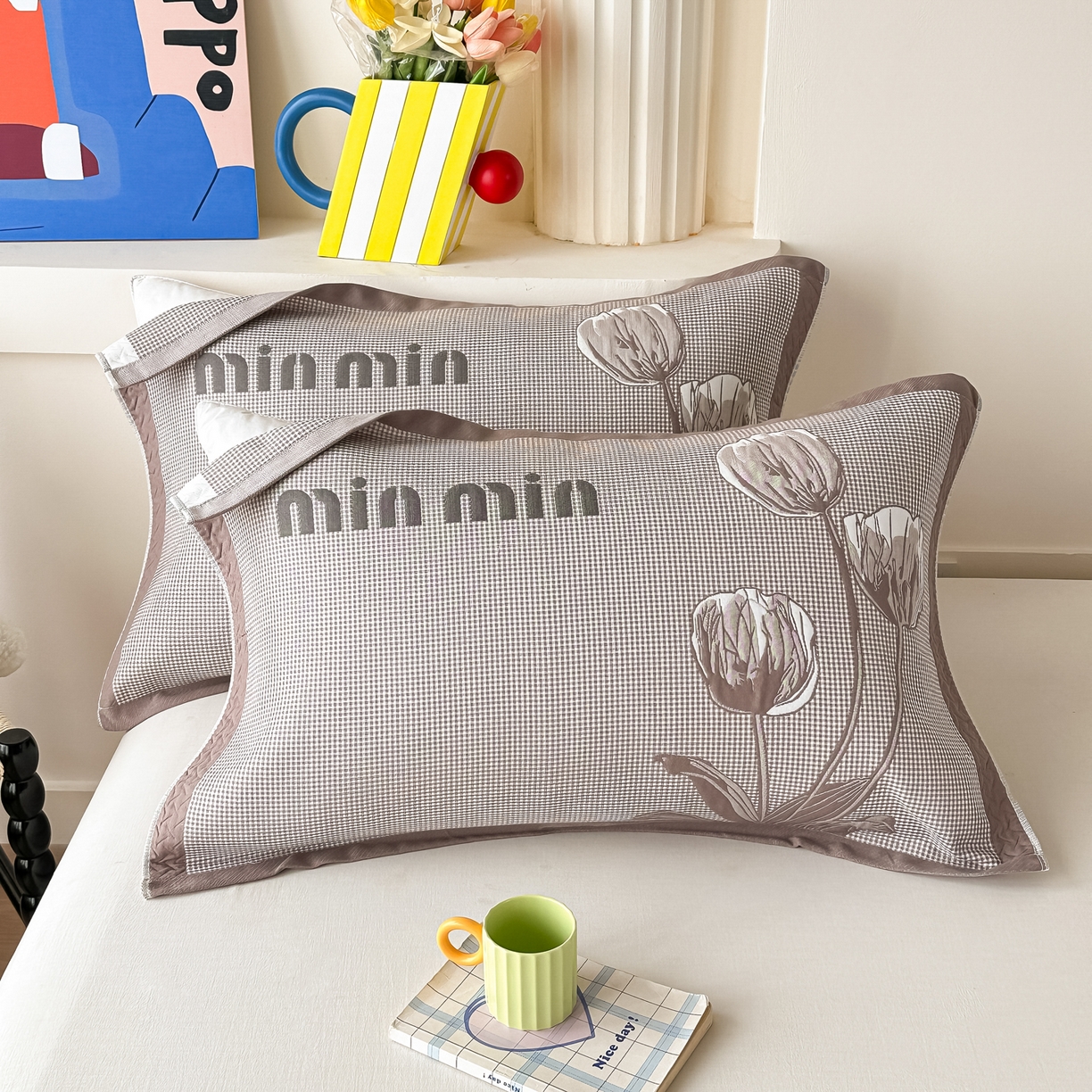 91家纺网 家纺一手货源 找家纺 沐瑟家纺 2025新款亲肤柔软纱布小米格枕巾 郁金香-咖色 52*78cm枕巾/对