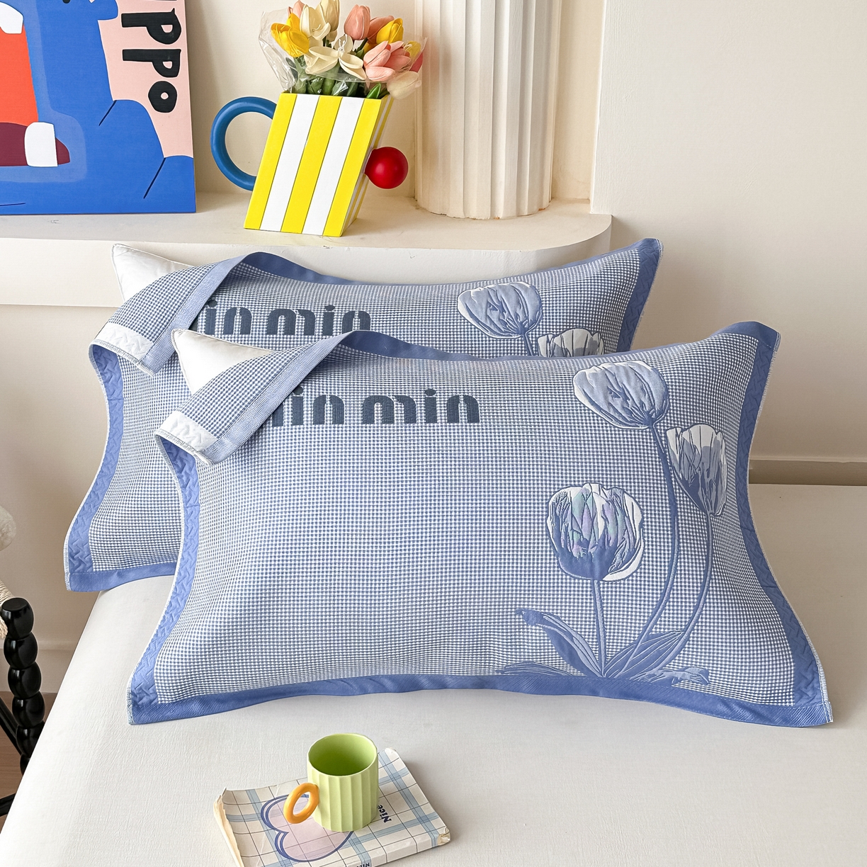 91家纺网 家纺一手货源 找家纺 沐瑟家纺 2025新款亲肤柔软纱布小米格枕巾 郁金香-蓝色 52*78cm枕巾/只