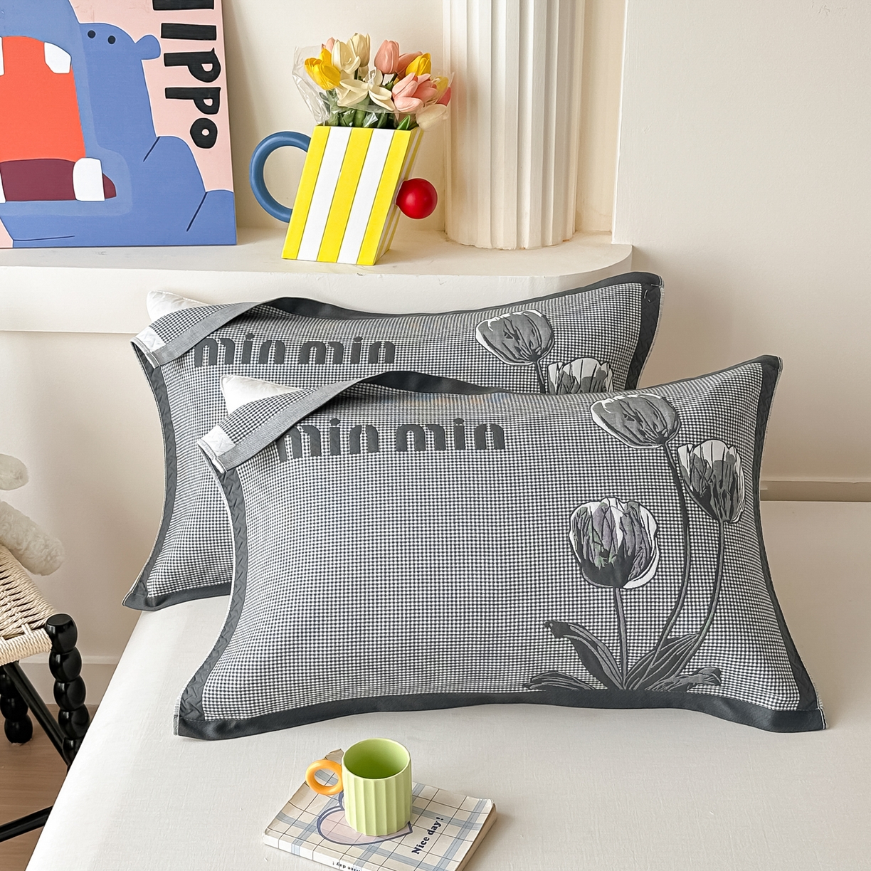 91家纺网 家纺一手货源 找家纺 沐瑟家纺 2025新款亲肤柔软纱布小米格枕巾 郁金香-深灰 52*78cm枕巾/只