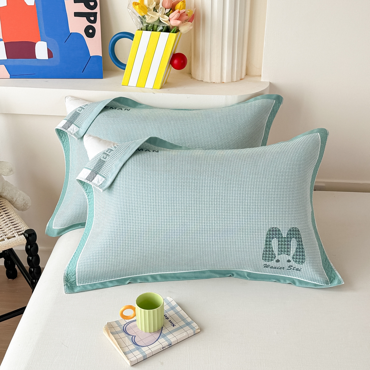 91家纺网 家纺一手货源 找家纺 沐瑟家纺 2025新款亲肤柔软纱布小米格枕巾 M兔-绿色 52*78cm枕巾/只