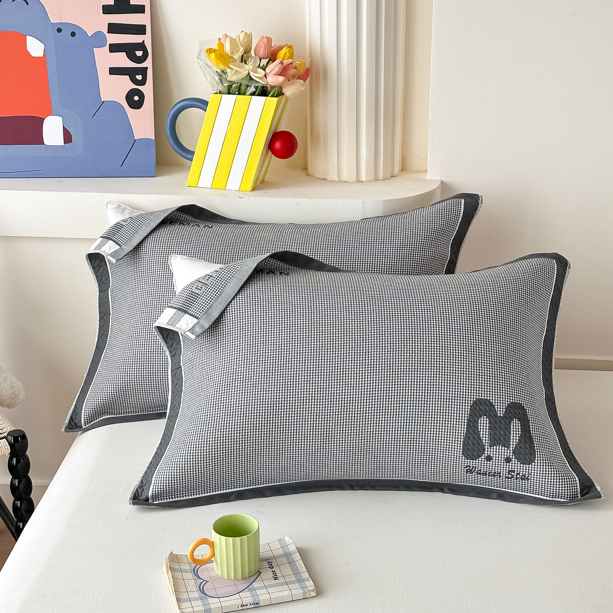 91家纺网 家纺一手货源 找家纺 沐瑟家纺 2025新款亲肤柔软纱布小米格枕巾 M兔-深灰 52*78cm枕巾/对