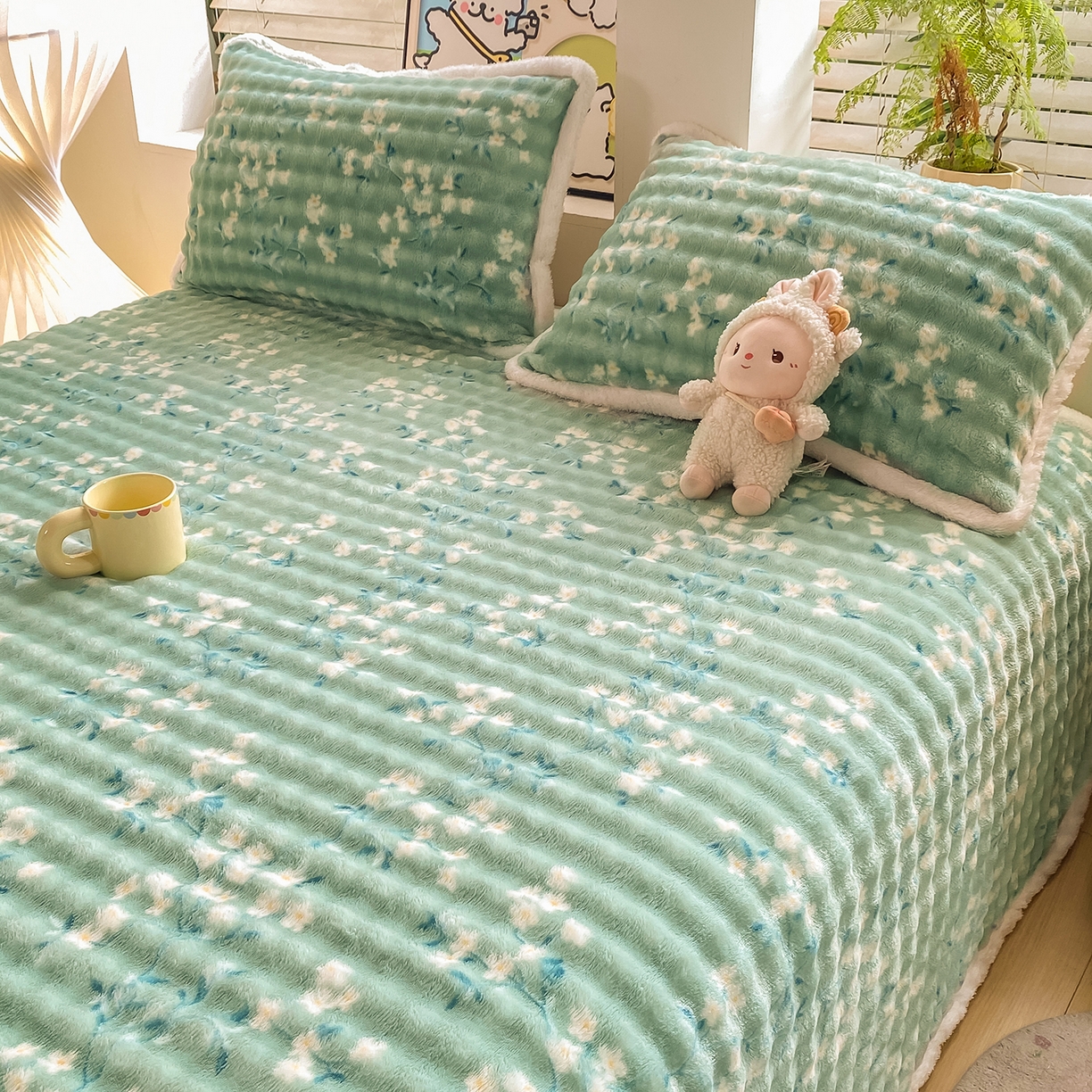 91家纺网 家纺一手货源 找家纺 眠势力 2025新款暖绒泡泡床单冬季保暖被单牛奶绒床单罩 春暖花开【暖绒泡泡床单】