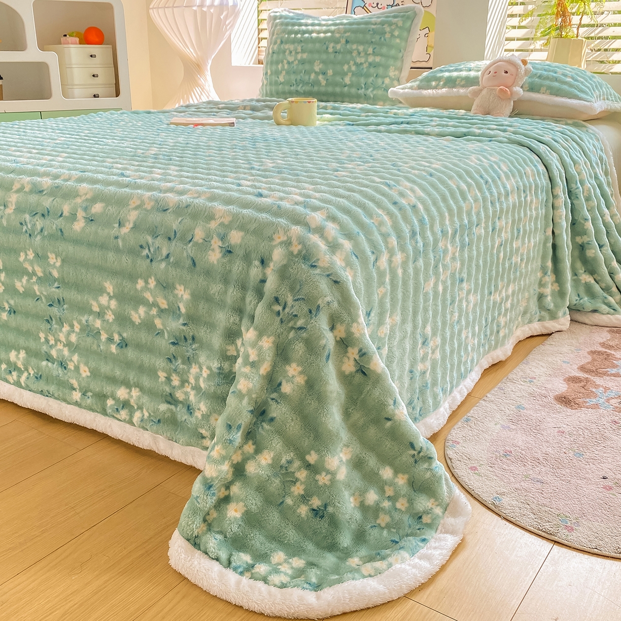 91家纺网 家纺一手货源 找家纺 眠势力 2025新款暖绒泡泡床单冬季保暖被单牛奶绒床单罩 春暖花开【暖绒泡泡床单】