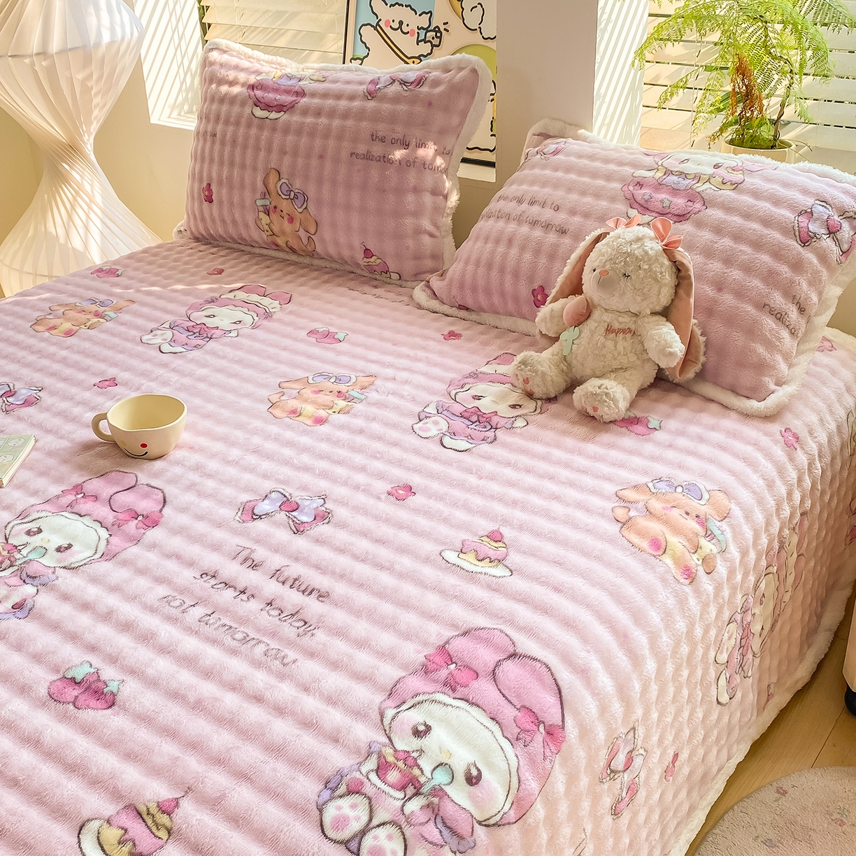 91家纺网 家纺一手货源 找家纺 眠势力 2025新款暖绒泡泡床单冬季保暖被单牛奶绒床单罩 蛋糕兔兔【暖绒泡泡床单】