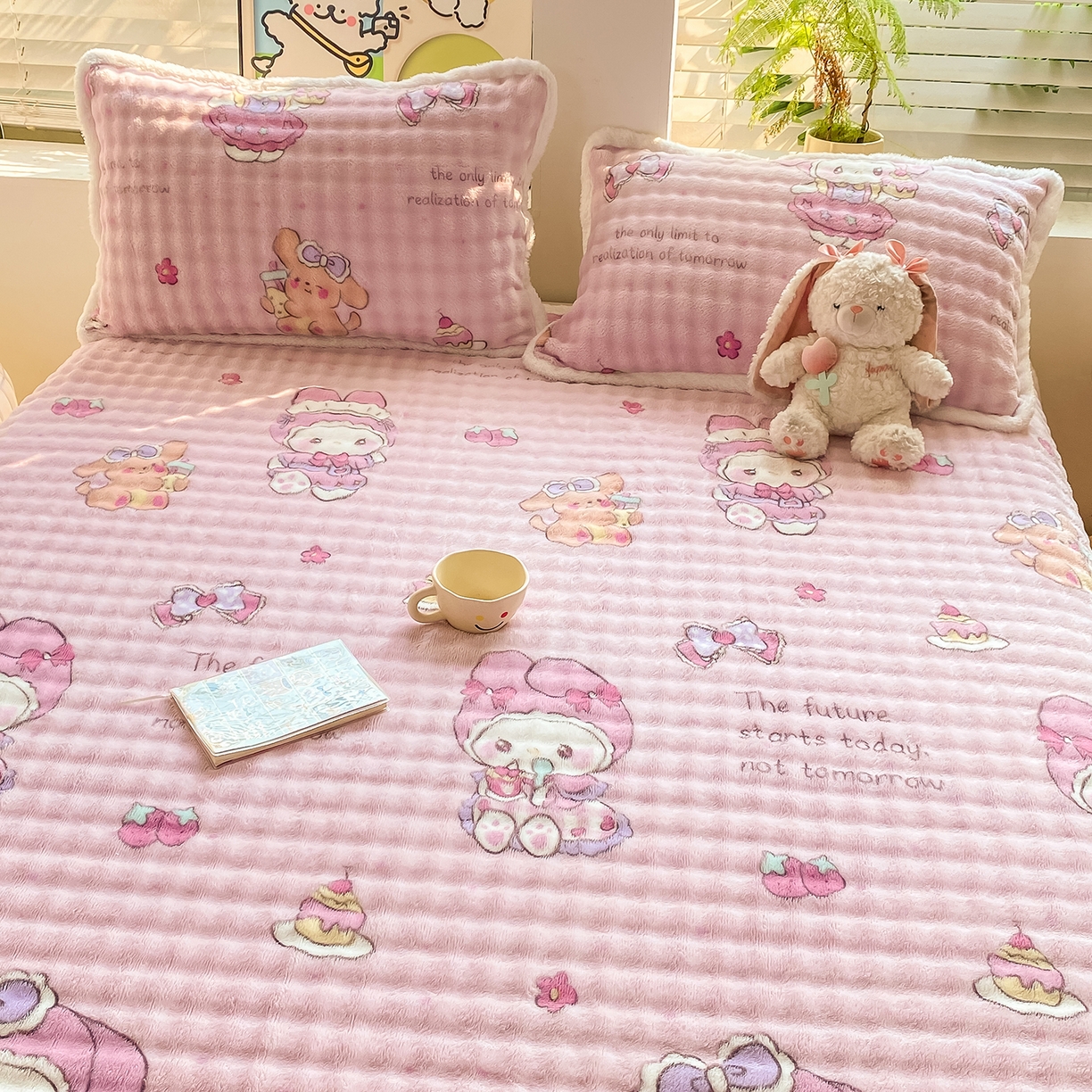 91家纺网 家纺一手货源 找家纺 眠势力 2025新款暖绒泡泡床单冬季保暖被单牛奶绒床单罩 蛋糕兔兔【暖绒泡泡床单】