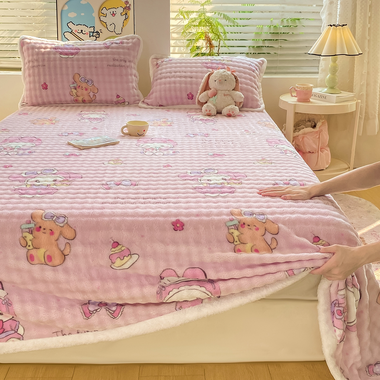 91家纺网 家纺一手货源 找家纺 眠势力 2025新款暖绒泡泡床单冬季保暖被单牛奶绒床单罩 蛋糕兔兔【暖绒泡泡床单】