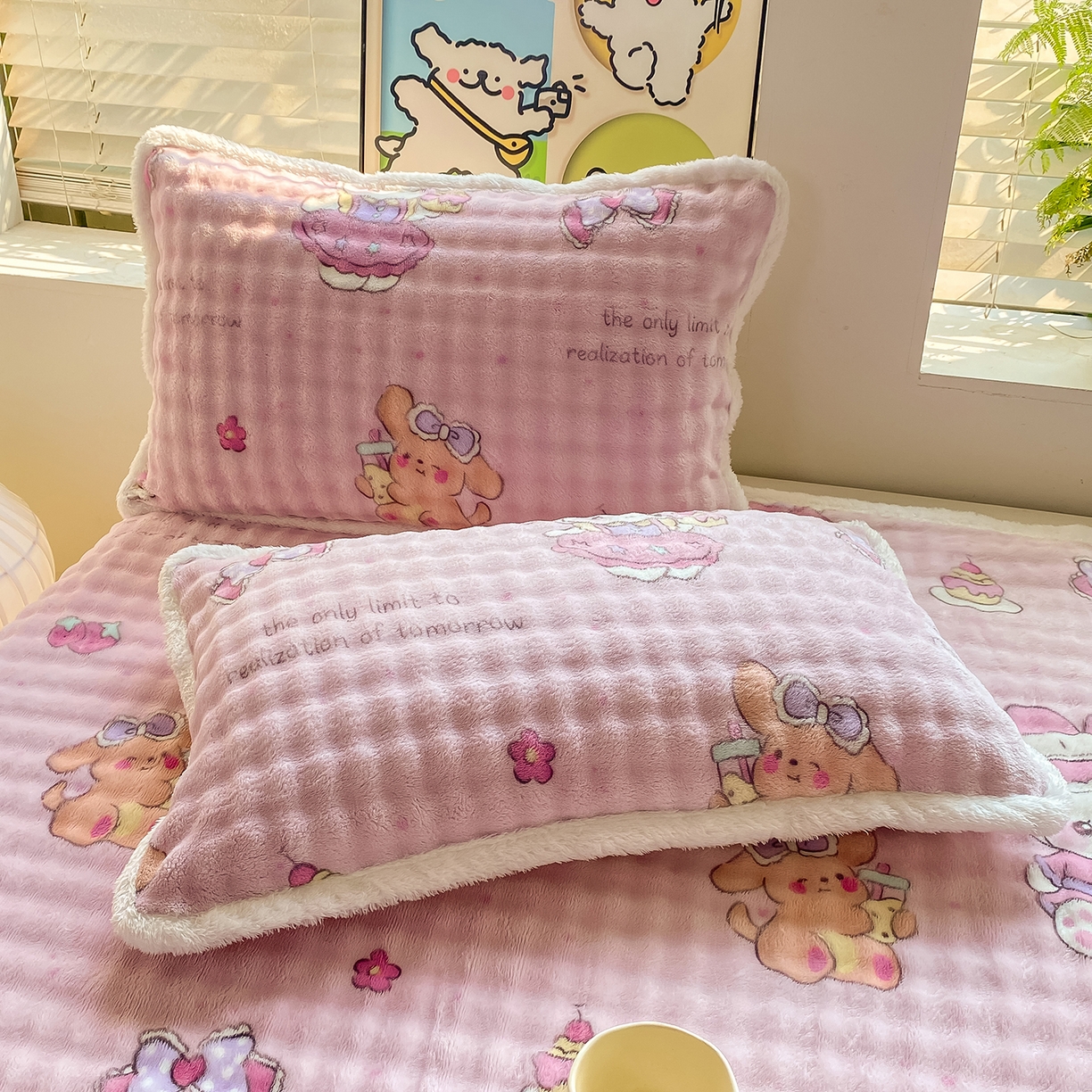 91家纺网 家纺一手货源 找家纺 眠势力 2025新款暖绒泡泡床单冬季保暖被单牛奶绒床单罩 蛋糕兔兔【暖绒泡泡床单】