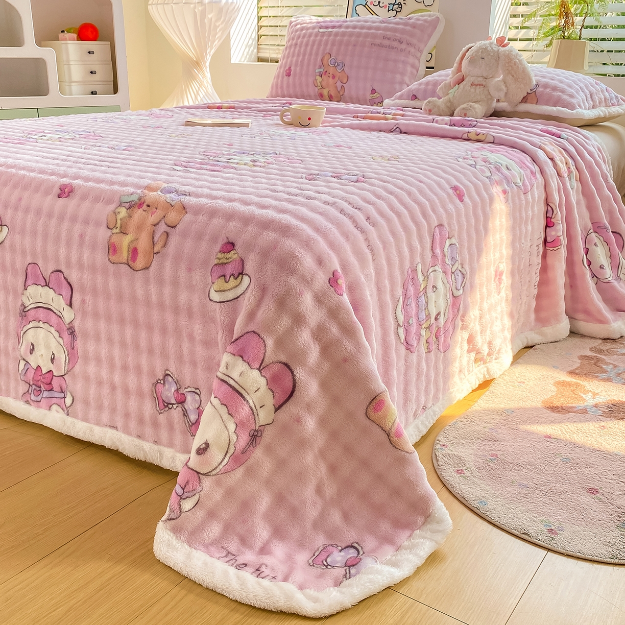 91家纺网 家纺一手货源 找家纺 眠势力 2025新款暖绒泡泡床单冬季保暖被单牛奶绒床单罩 蛋糕兔兔【暖绒泡泡床单】