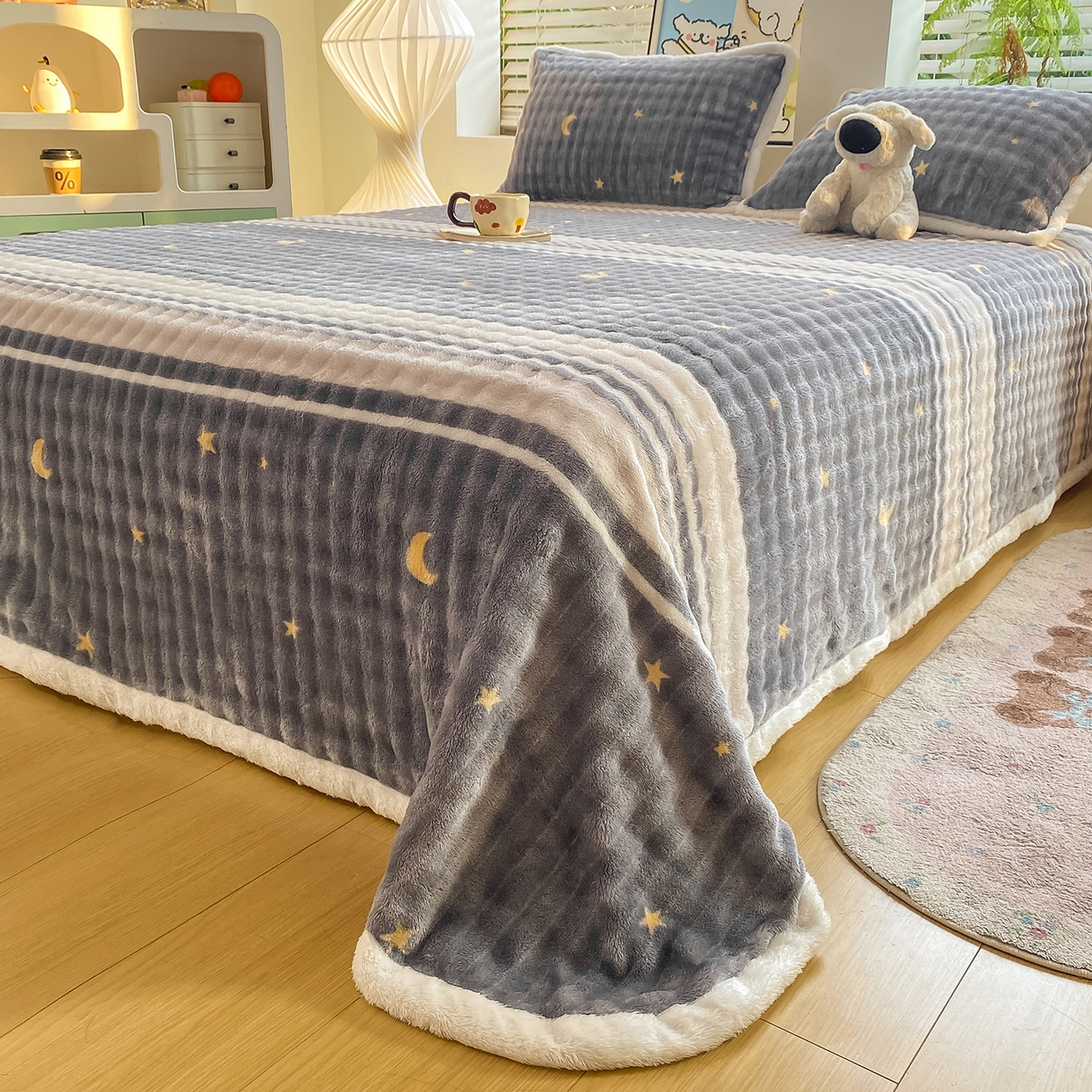 91家纺网 家纺一手货源 找家纺 眠势力 2025新款暖绒泡泡床单冬季保暖被单牛奶绒床单罩 繁星【暖绒泡泡床单】