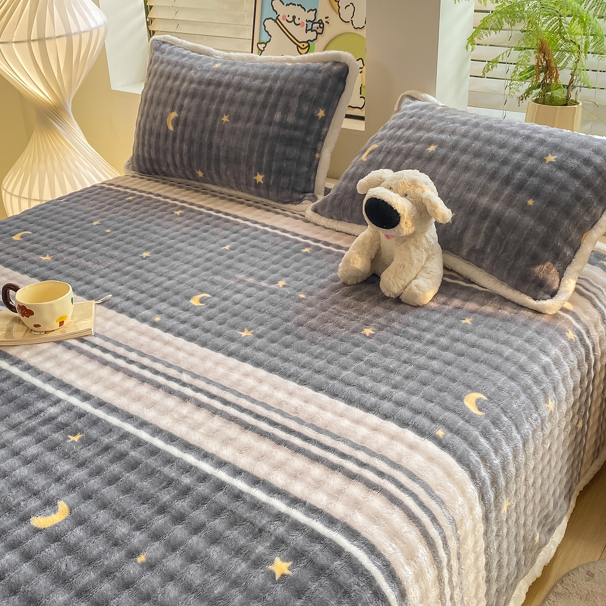 91家纺网 家纺一手货源 找家纺 眠势力 2025新款暖绒泡泡床单冬季保暖被单牛奶绒床单罩 繁星【暖绒泡泡床单】