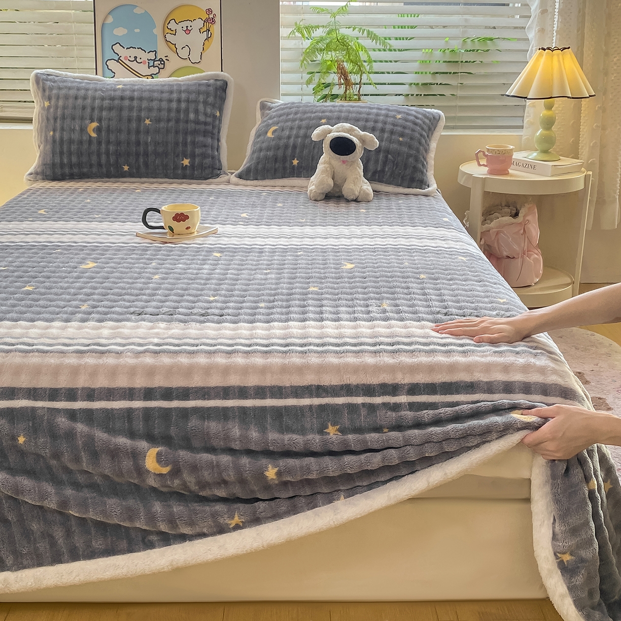 91家纺网 家纺一手货源 找家纺 眠势力 2025新款暖绒泡泡床单冬季保暖被单牛奶绒床单罩 繁星【暖绒泡泡床单】