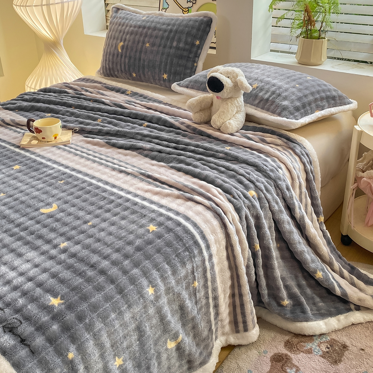 91家纺网 家纺一手货源 找家纺 眠势力 2025新款暖绒泡泡床单冬季保暖被单牛奶绒床单罩 繁星【暖绒泡泡床单】