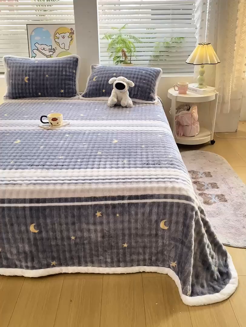 91家纺网 家纺一手货源 找家纺 眠势力 2025新款暖绒泡泡床单冬季保暖被单牛奶绒床单罩 繁星【暖绒泡泡床单】