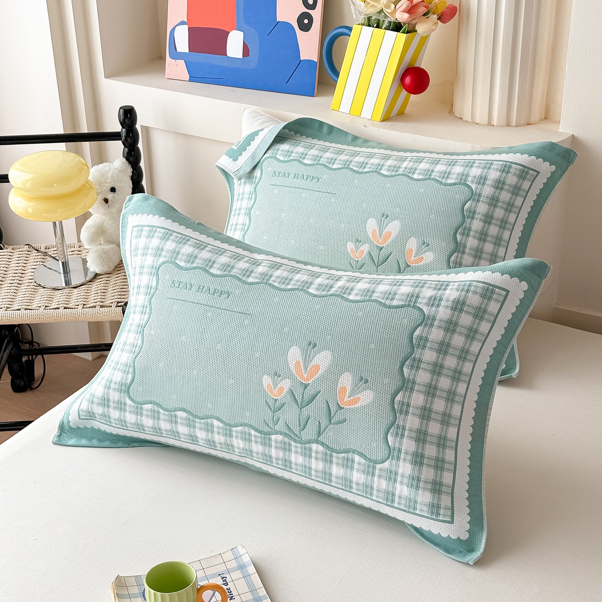 91家纺网 家纺一手货源 找家纺 沐瑟家纺 2025新款亲肤柔软纱布小米格枕巾 格子花-绿色 52*78cm枕巾/只