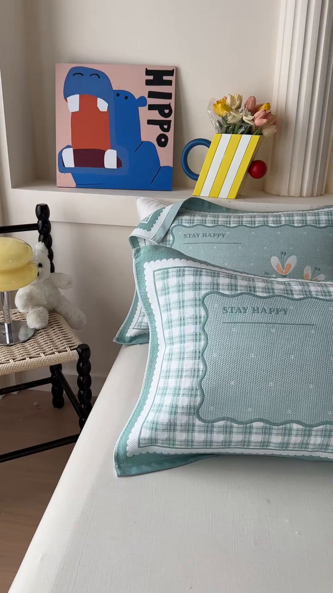 91家纺网 家纺一手货源 找家纺 沐瑟家纺 2025新款亲肤柔软纱布小米格枕巾 格子花-绿色 52*78cm枕巾/只