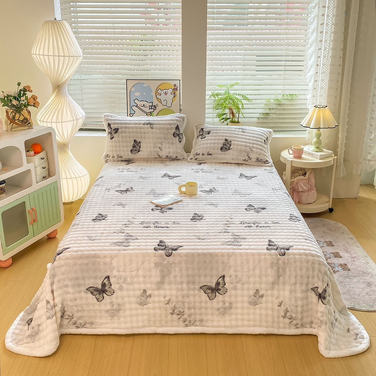 91家纺网 家纺一手货源 找家纺 眠势力 2025新款暖绒泡泡床单冬季保暖被单牛奶绒床单罩 蝴蝶梦境【暖绒泡泡床单】