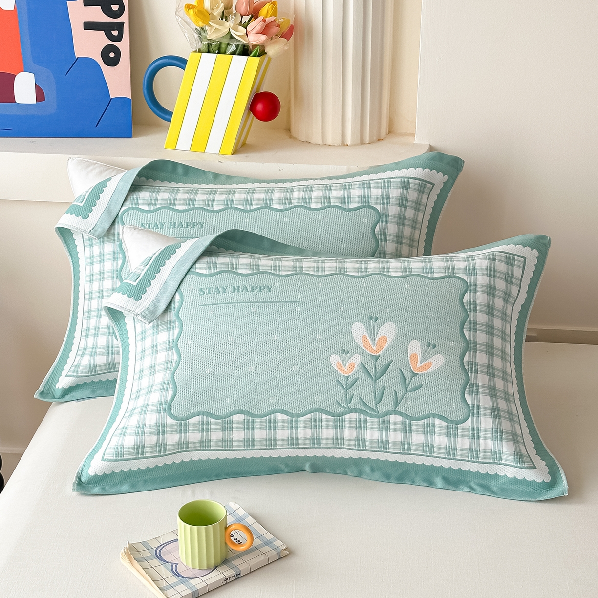 沐瑟家纺 2025新款亲肤柔软纱布小米格枕巾 格子花-绿色 52*78cm枕巾/对