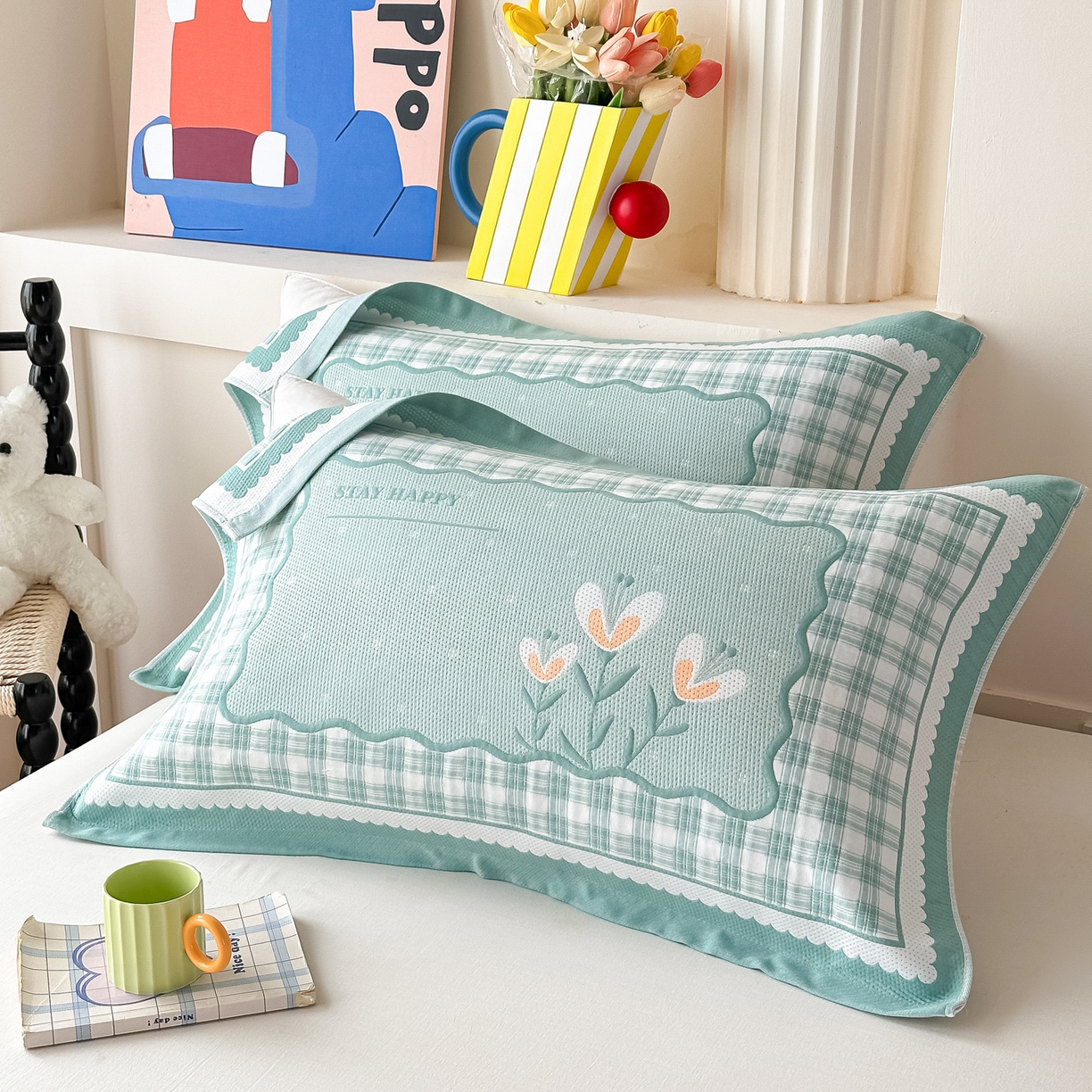 91家纺网 家纺一手货源 找家纺 沐瑟家纺 2025新款亲肤柔软纱布小米格枕巾 格子花-绿色 52*78cm枕巾/对