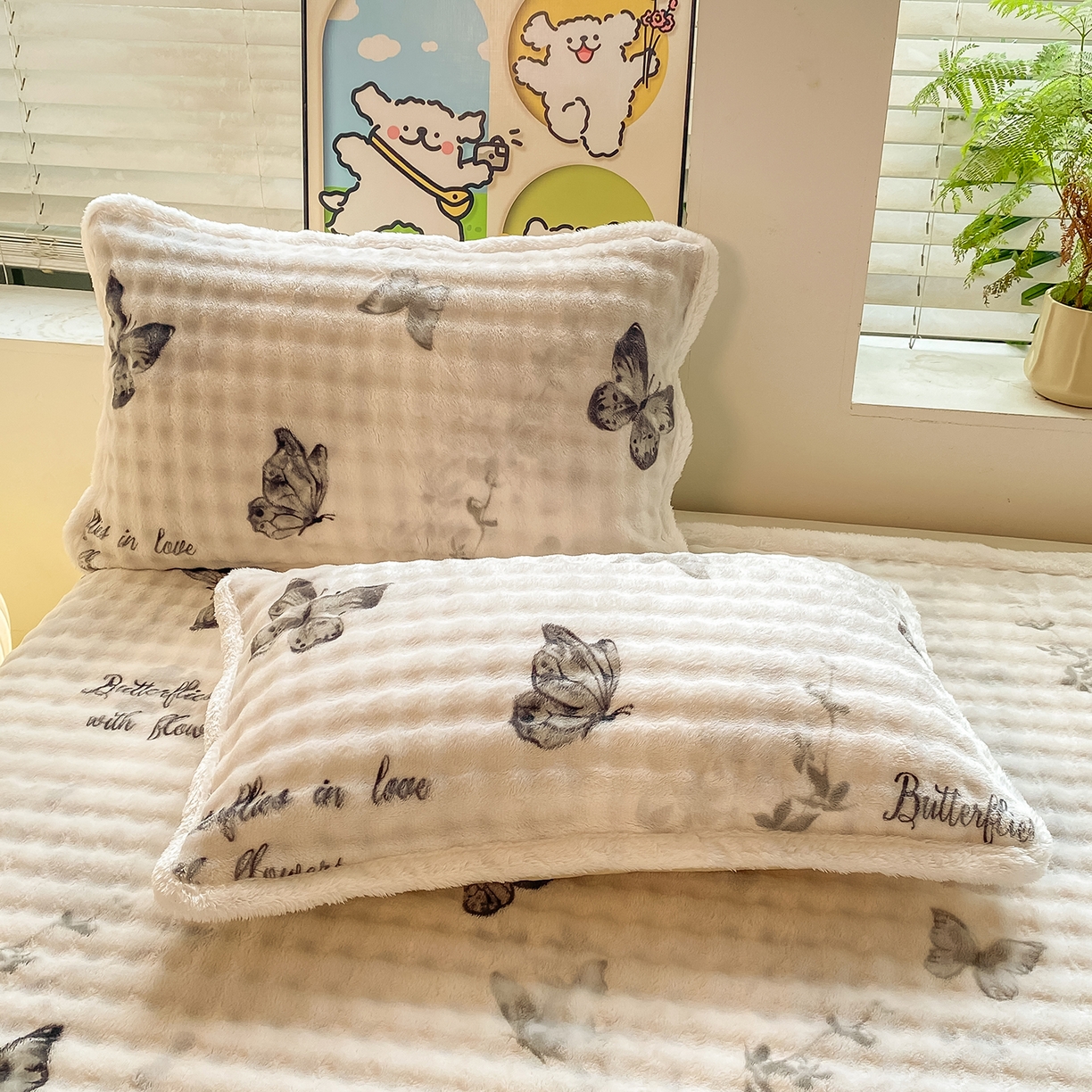 91家纺网 家纺一手货源 找家纺 眠势力 2025新款暖绒泡泡床单冬季保暖被单牛奶绒床单罩 蝴蝶梦境【暖绒泡泡床单】