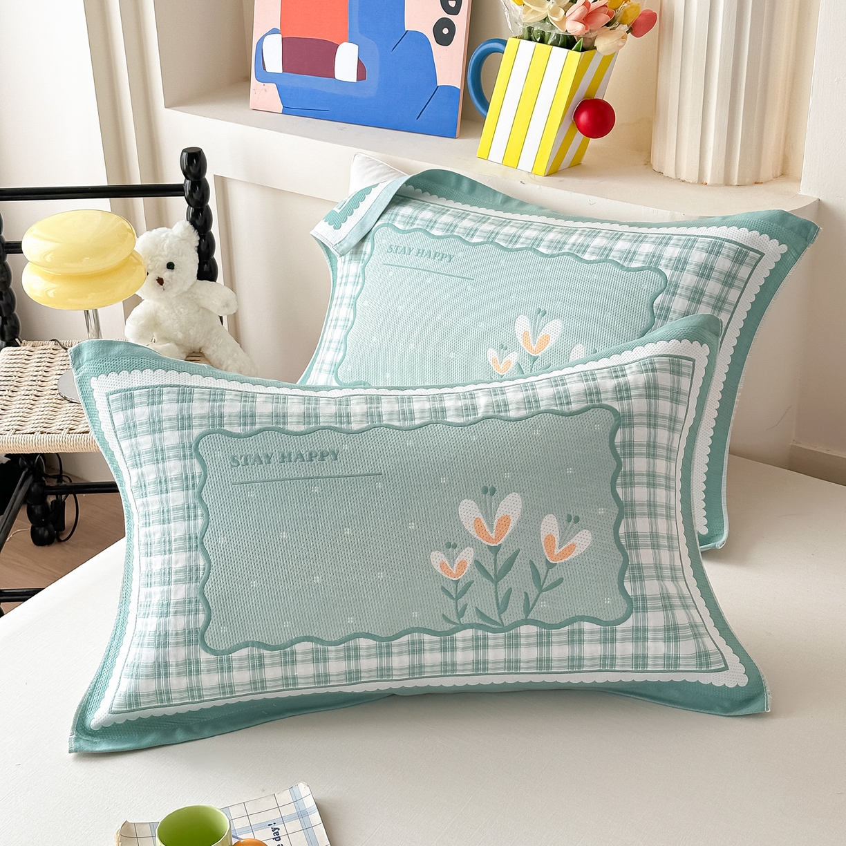 91家纺网 家纺一手货源 找家纺 沐瑟家纺 2025新款亲肤柔软纱布小米格枕巾 格子花-绿色 52*78cm枕巾/对