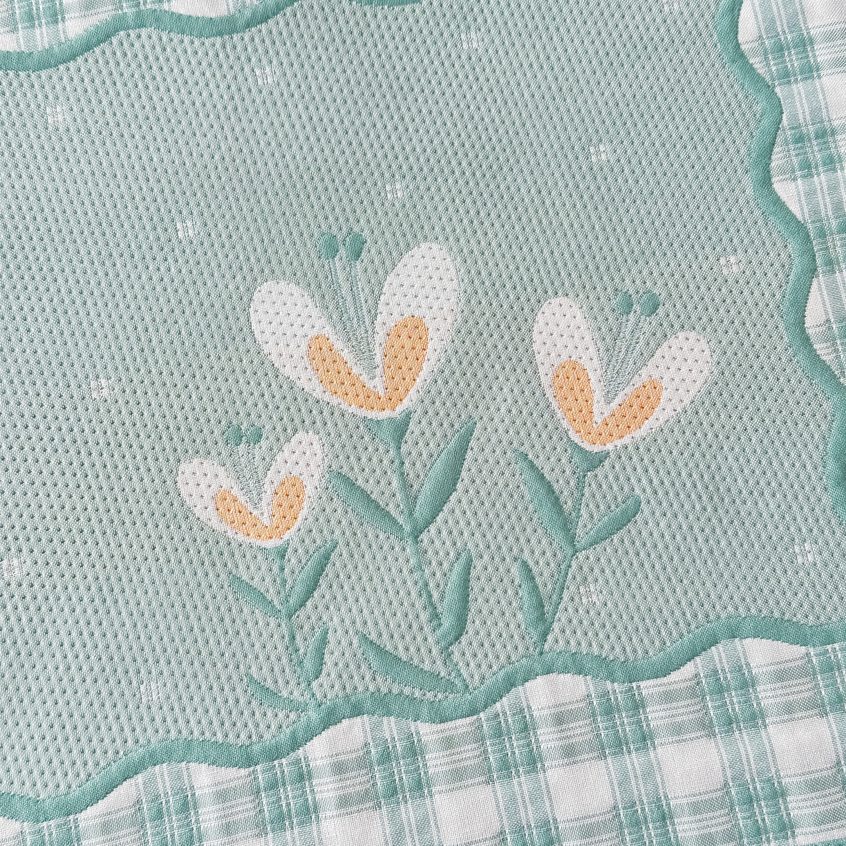 91家纺网 家纺一手货源 找家纺 沐瑟家纺 2025新款亲肤柔软纱布小米格枕巾 格子花-绿色 52*78cm枕巾/对