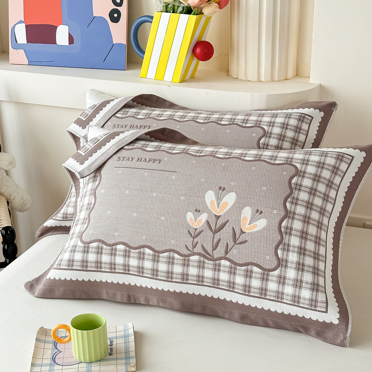 91家纺网 家纺一手货源 找家纺 沐瑟家纺 2025新款亲肤柔软纱布小米格枕巾 格子花-咖色 52*78cm枕巾/只